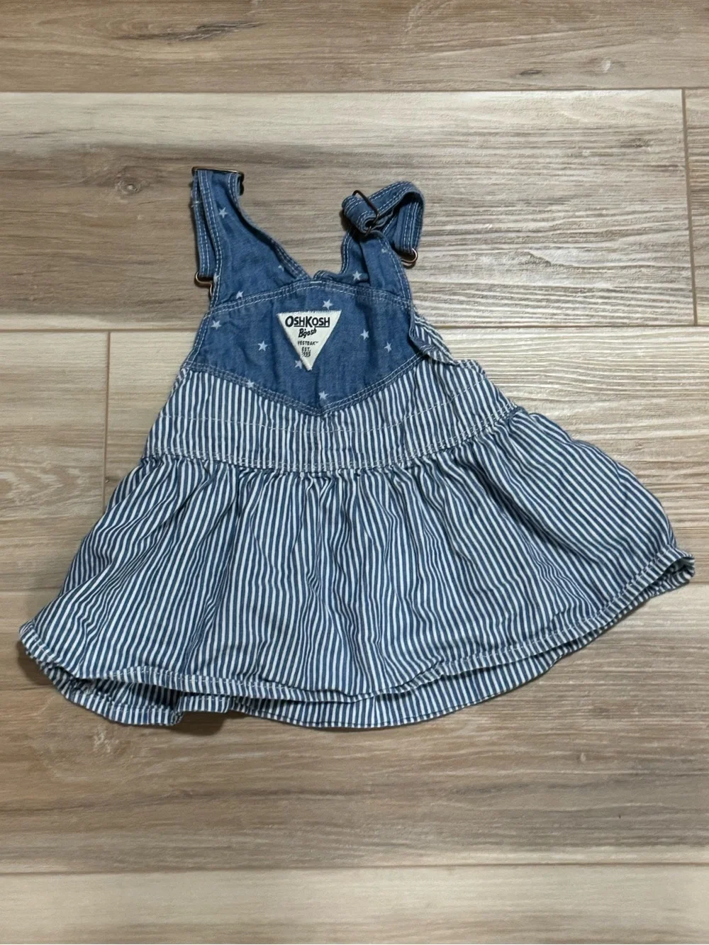 OshKosh B'gosh Denim Hickory Stripe Star Accent Overall Jumper Dress 12M